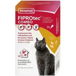 BEAPHAR Fiprotec Combo 50 Mg/60 Mg, Solution Pour Spot-on Pour Chats Et Furets Au Fipronil/(S)-méthoprène Contre Puces, Tiques Et Poux Broyeurs - 3 X 0,5 Ml