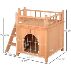 PawHut Maison Lodge - Niche Villa Avec Terrasse Escalier Et Porte Pour Chien Chat - Dim. 73L X 55l X 65H Cm - Bois Massif De Pin Pré-huilé -Amis Poils Soldes Boutique 17707956 3