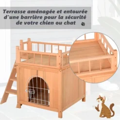 PawHut Maison Lodge - Niche Villa Avec Terrasse Escalier Et Porte Pour Chien Chat - Dim. 73L X 55l X 65H Cm - Bois Massif De Pin Pré-huilé -Amis Poils Soldes Boutique 17707956 5
