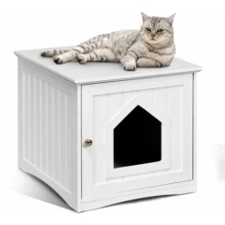 COSTWAY Maison Pour Chat En Bois Avec Porte,Poignée,Surface Lisse, 51 X 49 X 47CM Blanc
