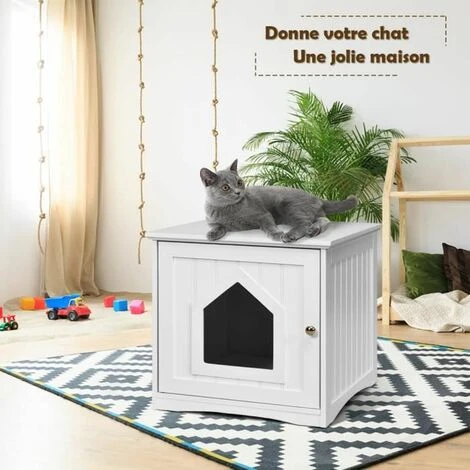 COSTWAY Maison Pour Chat En Bois Avec Porte,Poignée,Surface Lisse, 51 X 49 X 47CM Blanc 2 COSTWAY Maison Pour Chat En Bois Avec Porte,Poignée,Surface Lisse, 51 X 49 X 47CM Blanc – Image 2
