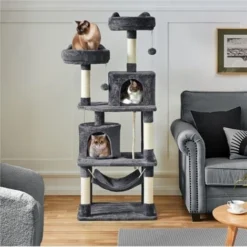 Yaheetech Arbre à Chats 149 Cm Griffoir Grattoir Avec Base Plus Large/Grand Hamac/2 Niche/2 Perchoirs/2 Boules De Peluche/Corde De Sisal - Multi-Niveaux Gris Foncé -Amis Poils Soldes Boutique 19247060 3