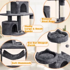 Yaheetech Arbre à Chats 149 Cm Griffoir Grattoir Avec Base Plus Large/Grand Hamac/2 Niche/2 Perchoirs/2 Boules De Peluche/Corde De Sisal - Multi-Niveaux Gris Foncé -Amis Poils Soldes Boutique 19247060 5