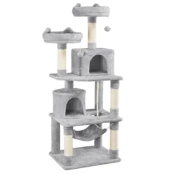 Yaheetech Arbre à Chats 158 Cm Griffoir Grattoir Avec Base Plus Large/Grand Hamac/2 Niche/2 Perchoirs/2 Boules De Peluche/Corde De Sisal - Multi-Niveaux Gris Clair