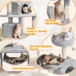 Yaheetech Arbre à Chats 158 Cm Griffoir Grattoir Avec Base Plus Large/Grand Hamac/2 Niche/2 Perchoirs/2 Boules De Peluche/Corde De Sisal - Multi-Niveaux Gris Clair -Amis Poils Soldes Boutique 22847894 5
