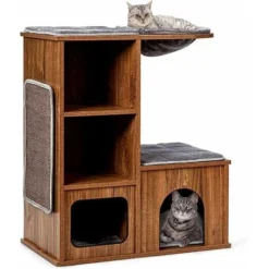 COSTWAY Arbre à Chat En Bois Avec 3 Etagères, Griffoirs Et Coussins,Niche, Centre D'Activités Charge 20KG Pour Chat Chaton