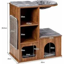 COSTWAY Arbre à Chat En Bois Avec 3 Etagères, Griffoirs Et Coussins,Niche, Centre D'Activités Charge 20KG Pour Chat Chaton -Amis Poils Soldes Boutique 27150933 5