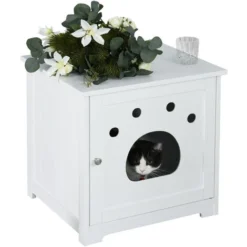 PawHut Maison De Toilette Pour Chat Design Porte Entrée Patte Chat 2 MDF Blanc