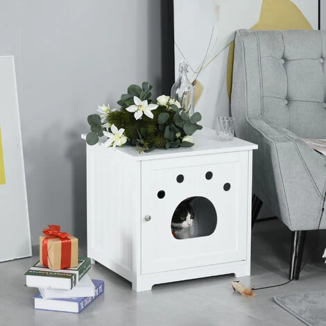 PawHut Maison De Toilette Pour Chat Design Porte Entrée Patte Chat 2 MDF Blanc 2 PawHut Maison De Toilette Pour Chat Design Porte Entrée Patte Chat 2 MDF Blanc – Image 2