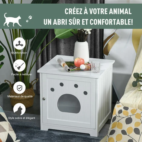 PawHut Maison De Toilette Pour Chat Design Porte Entrée Patte Chat 2 MDF Blanc 4 PawHut Maison De Toilette Pour Chat Design Porte Entrée Patte Chat 2 MDF Blanc – Image 4