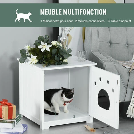 PawHut Maison De Toilette Pour Chat Design Porte Entrée Patte Chat 2 MDF Blanc 5 PawHut Maison De Toilette Pour Chat Design Porte Entrée Patte Chat 2 MDF Blanc – Image 5