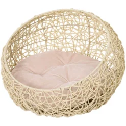 PawHut Panier Chat Lit Chat Cosy Grand Confort Dim. Ø 56 X 35H Cm Coussin Moelleux Inclus PVC Imitation Rotin Beige