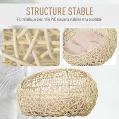 PawHut Panier Chat Lit Chat Cosy Grand Confort Dim. Ø 56 X 35H Cm Coussin Moelleux Inclus PVC Imitation Rotin Beige -Amis Poils Soldes Boutique 28910153 4