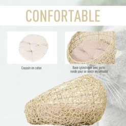 PawHut Panier Chat Lit Chat Cosy Grand Confort Dim. Ø 56 X 35H Cm Coussin Moelleux Inclus PVC Imitation Rotin Beige -Amis Poils Soldes Boutique 28910153 5