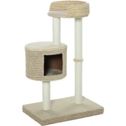 PawHut Arbre à Chats Style Cosy Chic Griffoirs Jute Naturelle Niche Plateforme Peluche Courte Bicolore Beige Café