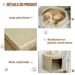 PawHut Arbre à Chats Style Cosy Chic Griffoirs Jute Naturelle Niche Plateforme Peluche Courte Bicolore Beige Café -Amis Poils Soldes Boutique 28917429 5