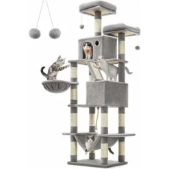 Songmics FEANDREA Arbre à Chat, Grande Tour De Jeux, Hauteur 206 Cm, Avec 13 Griffoirs, 1 Planche à Griffer, 2 Plate-Formes, 2 Niches, Panier, Hamac, Pompons, Tissu Peluche, Multi-Niveaux, Gris Clair