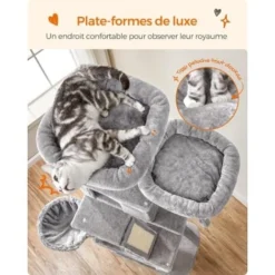 Songmics FEANDREA Arbre à Chat, Grande Tour De Jeux, Hauteur 206 Cm, Avec 13 Griffoirs, 1 Planche à Griffer, 2 Plate-Formes, 2 Niches, Panier, Hamac, Pompons, Tissu Peluche, Multi-Niveaux, Gris Clair -Amis Poils Soldes Boutique 30793776 3