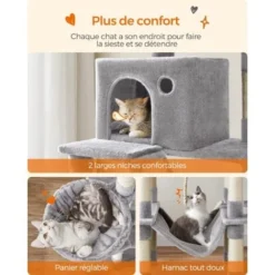Songmics FEANDREA Arbre à Chat, Grande Tour De Jeux, Hauteur 206 Cm, Avec 13 Griffoirs, 1 Planche à Griffer, 2 Plate-Formes, 2 Niches, Panier, Hamac, Pompons, Tissu Peluche, Multi-Niveaux, Gris Clair -Amis Poils Soldes Boutique 30793776 4