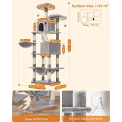 Songmics FEANDREA Arbre à Chat, Grande Tour De Jeux, Hauteur 206 Cm, Avec 13 Griffoirs, 1 Planche à Griffer, 2 Plate-Formes, 2 Niches, Panier, Hamac, Pompons, Tissu Peluche, Multi-Niveaux, Gris Clair -Amis Poils Soldes Boutique 30793776 5