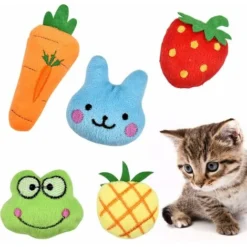 AIDUCHO Cataire Jouets, 5 Pièces Jouets à L'herbe à Chat, Cataire Interactive Jouets à Mâcher Jouet En Peluche Pour Chaton Kitty Fraise/Grenouille/Lapin/Ananas/Carotte