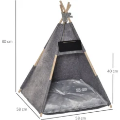 PawHut Tente Tipi Pour Animaux - Teepee Chat Ou Chien - Coussin épais Grand Confort Inclus - Structure Bois De Pin Feutre Peluche PV Gris -Amis Poils Soldes Boutique 33749251 3