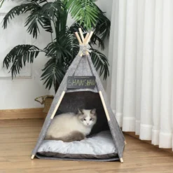 PawHut Tente Tipi Pour Animaux - Teepee Chat Ou Chien - Coussin épais Grand Confort Inclus - Structure Bois De Pin Feutre Peluche PV Gris -Amis Poils Soldes Boutique 33749251 4