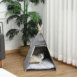 PawHut Tente Tipi Pour Animaux - Teepee Chat Ou Chien - Coussin épais Grand Confort Inclus - Structure Bois De Pin Feutre Peluche PV Gris -Amis Poils Soldes Boutique 33749251 5