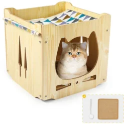 Maison Pour Chat En Bois Avec Hamac Niche Pour Chat , En Bois Naturel, 34x34x34cm