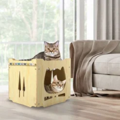 Maison Pour Chat En Bois Avec Hamac Niche Pour Chat , En Bois Naturel, 34x34x34cm -Amis Poils Soldes Boutique 35074935 3