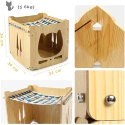 Maison Pour Chat En Bois Avec Hamac Niche Pour Chat , En Bois Naturel, 34x34x34cm -Amis Poils Soldes Boutique 35074935 5