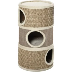 PawHut Arbre à Chat Cylindrique - Tour à Griffer Pour Chat - Arbre à Chat Tour - Tonneau Griffoir - 3 Niches + Plateforme - Sisal Corde D'algues Beige