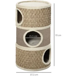 PawHut Arbre à Chat Cylindrique - Tour à Griffer Pour Chat - Arbre à Chat Tour - Tonneau Griffoir - 3 Niches + Plateforme - Sisal Corde D'algues Beige -Amis Poils Soldes Boutique 37157871 3