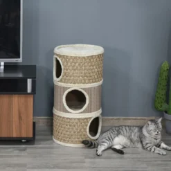 PawHut Arbre à Chat Cylindrique - Tour à Griffer Pour Chat - Arbre à Chat Tour - Tonneau Griffoir - 3 Niches + Plateforme - Sisal Corde D'algues Beige -Amis Poils Soldes Boutique 37157871 4