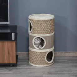 PawHut Arbre à Chat Cylindrique - Tour à Griffer Pour Chat - Arbre à Chat Tour - Tonneau Griffoir - 3 Niches + Plateforme - Sisal Corde D'algues Beige -Amis Poils Soldes Boutique 37157871 5