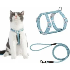 Harnais Laisse Chat Harnais Réglable Et Laisse Corde De 145CM Pour Chat Sécurité Balade(S Bleu Clair)