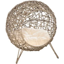 PawHut Panier Chat Lit Chat Cosy Grand Confort Dim. Ø 52 X 58H Cm Coussin Moelleux Inclus Résine Tressée Imitation Rotin Grège