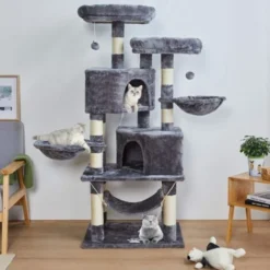 MSmask Arbre à Chat Stable à Plusieurs Niveaux Pour Grands Chats Avec Grande Grotte, Troncs En Sisal Naturel Gris Foncé 145 Cm