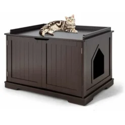 COSTWAY Niche Pour Chats Pour Intérieur, Maison Pour Chats Avec Chatière, 2 Compartiments, 1 Panneau Amovible Et 2 Portes, 75 X 54 X 52cm Marron