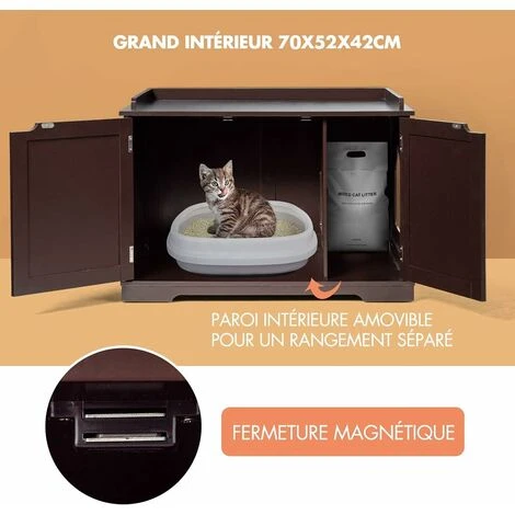 COSTWAY Niche Pour Chats Pour Intérieur, Maison Pour Chats Avec Chatière, 2 Compartiments, 1 Panneau Amovible Et 2 Portes, 75 X 54 X 52cm Marron 2 COSTWAY Niche Pour Chats Pour Intérieur, Maison Pour Chats Avec Chatière, 2 Compartiments, 1 Panneau Amovible Et 2 Portes, 75 X 54 X 52cm Marron – Image 2