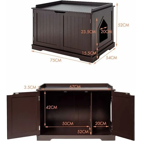 COSTWAY Niche Pour Chats Pour Intérieur, Maison Pour Chats Avec Chatière, 2 Compartiments, 1 Panneau Amovible Et 2 Portes, 75 X 54 X 52cm Marron 4 COSTWAY Niche Pour Chats Pour Intérieur, Maison Pour Chats Avec Chatière, 2 Compartiments, 1 Panneau Amovible Et 2 Portes, 75 X 54 X 52cm Marron – Image 4