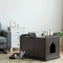 COSTWAY Niche Pour Chats Pour Intérieur, Maison Pour Chats Avec Chatière, 2 Compartiments, 1 Panneau Amovible Et 2 Portes, 75 X 54 X 52cm Marron 9 COSTWAY Niche Pour Chats Pour Intérieur, Maison Pour Chats Avec Chatière, 2 Compartiments, 1 Panneau Amovible Et 2 Portes, 75 X 54 X 52cm Marron -Amis Poils Soldes Boutique 39953006 5