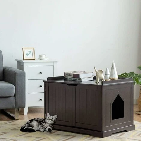 COSTWAY Niche Pour Chats Pour Intérieur, Maison Pour Chats Avec Chatière, 2 Compartiments, 1 Panneau Amovible Et 2 Portes, 75 X 54 X 52cm Marron 5 COSTWAY Niche Pour Chats Pour Intérieur, Maison Pour Chats Avec Chatière, 2 Compartiments, 1 Panneau Amovible Et 2 Portes, 75 X 54 X 52cm Marron – Image 5