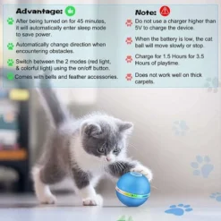 Jouet Pour Chat Interactives Balles Pour Chats Avec Lumières LED, Balle Chat Automatique Jouets Interactif Pour Chats, Auto-Rotative à 360 Degrés,Chargement USB,pour Animaux Chien Chatons, Bleu -Amis Poils Soldes Boutique 40296053 5