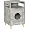 PawHut Maison De Toilette Pour Chat Espace De Rangement Porte Magnétique Pieds Bois De Pin Dim. 48L X 53l X 79H Cm Aspect Bois Gris