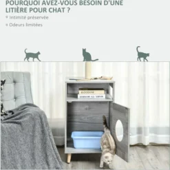 PawHut Maison De Toilette Pour Chat Espace De Rangement Porte Magnétique Pieds Bois De Pin Dim. 48L X 53l X 79H Cm Aspect Bois Gris -Amis Poils Soldes Boutique 42169168 4