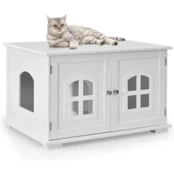 COSTWAY Maison De Toilette Pour Chat Avec Double Portes Fenêtres Entrée Latérale En Option Ventilée Avec Couchage En Bois Blanc