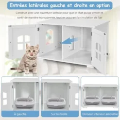 COSTWAY Maison De Toilette Pour Chat Avec Double Portes Fenêtres Entrée Latérale En Option Ventilée Avec Couchage En Bois Blanc -Amis Poils Soldes Boutique 44052379 4
