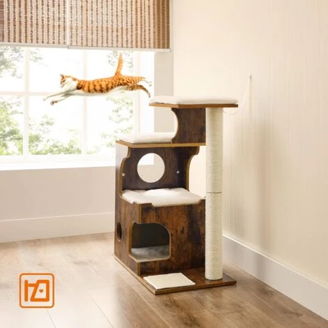 FEANDREA Arbre à Chat, Hauteur 86cm, 3 Plate-Formes Et 1 Grotte, Panneau MDF Avec Placage De Bois, Poteau En Sisal, Imitation Fourrure Lavable, Style Vintage, Brun Rustique Et Blanc Par SONGMICS PCT70 3 FEANDREA Arbre à Chat, Hauteur 86cm, 3 Plate-Formes Et 1 Grotte, Panneau MDF Avec Placage De Bois, Poteau En Sisal, Imitation Fourrure Lavable, Style Vintage, Brun Rustique Et Blanc Par SONGMICS PCT70 – Image 3