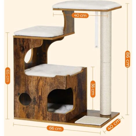 FEANDREA Arbre à Chat, Hauteur 86cm, 3 Plate-Formes Et 1 Grotte, Panneau MDF Avec Placage De Bois, Poteau En Sisal, Imitation Fourrure Lavable, Style Vintage, Brun Rustique Et Blanc Par SONGMICS PCT70 5 FEANDREA Arbre à Chat, Hauteur 86cm, 3 Plate-Formes Et 1 Grotte, Panneau MDF Avec Placage De Bois, Poteau En Sisal, Imitation Fourrure Lavable, Style Vintage, Brun Rustique Et Blanc Par SONGMICS PCT70 – Image 5